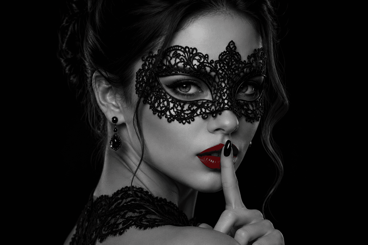 Black-and-white editorial portrait: a woman in an ornate lace mask, red lips, finger raised
